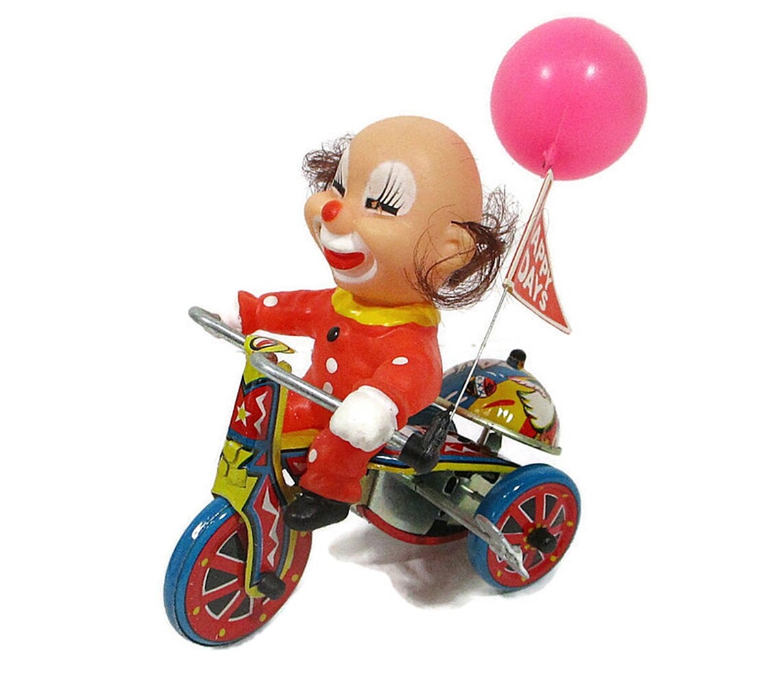 Vintage Mechanical Toy Clown Tricycle Works Key Wind Up Bell Etsy