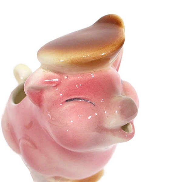 Vintage PIG Ceramic Creamer Mid Century Cozy Kitchen Rosy Pink Piggy Brown Beret Hat Big Bow Tail Handle Kitsch Farm Animal Free Shipping