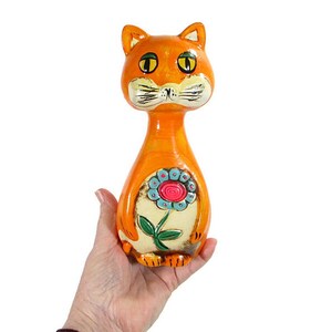 1970's Vintage CAT BANK Mod Neon Bright Orange Plaster Ware Ceramic Retro Coin Groovy Kitty Hand Painted Kitsch w/Stopper Free Shipping image 4
