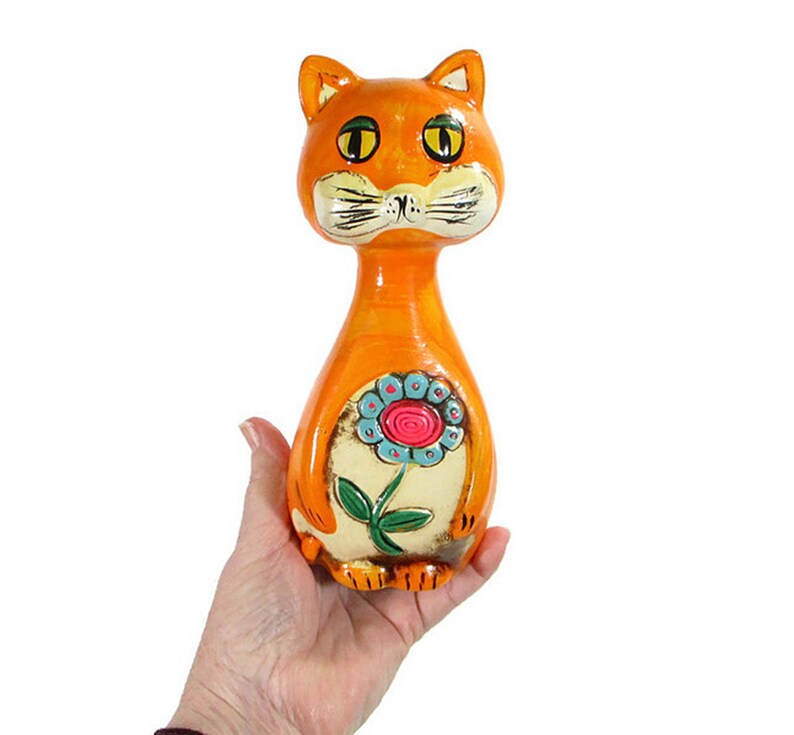 1970's Vintage CAT BANK Mod Neon Bright Orange Plaster Ware Ceramic Retro Coin Groovy Kitty Hand Painted Kitsch w/Stopper Free Shipping image 4