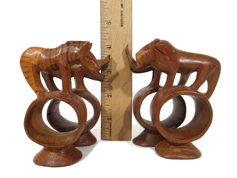 Vintage Wooden Jungle Animal Hand Carved Napkin Rings Set Of 4 Warthog Zebra Rhino Lion Wild Animal Dining Tableware Accessory Free Shipping image 8