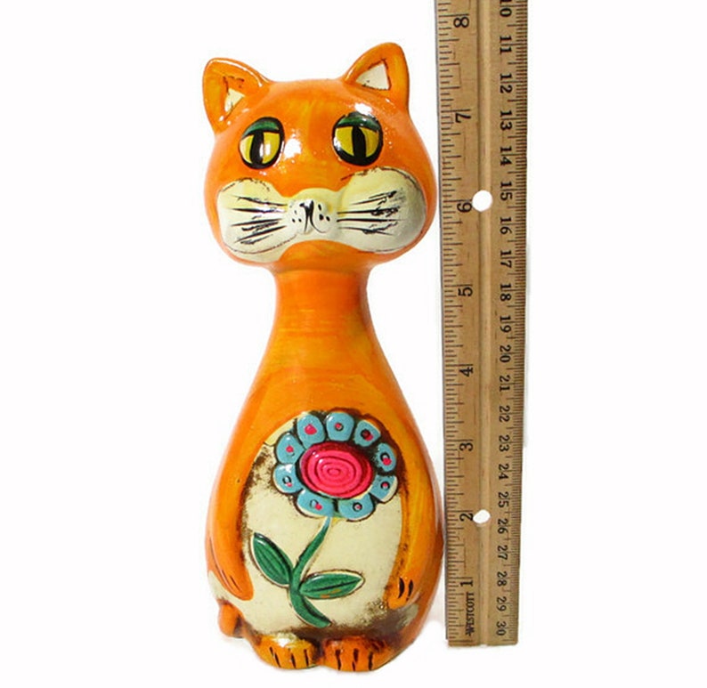 1970's Vintage CAT BANK Mod Neon Bright Orange Plaster Ware Ceramic Retro Coin Groovy Kitty Hand Painted Kitsch w/Stopper Free Shipping image 10