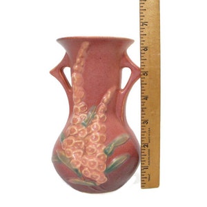 1940s Vintage Roseville Pottery PINK FOXGLOVE Double Handled VASE 43-6 Art Deco Style Home Decor Floral Fine Art Cottagecore Free Shipping image 7