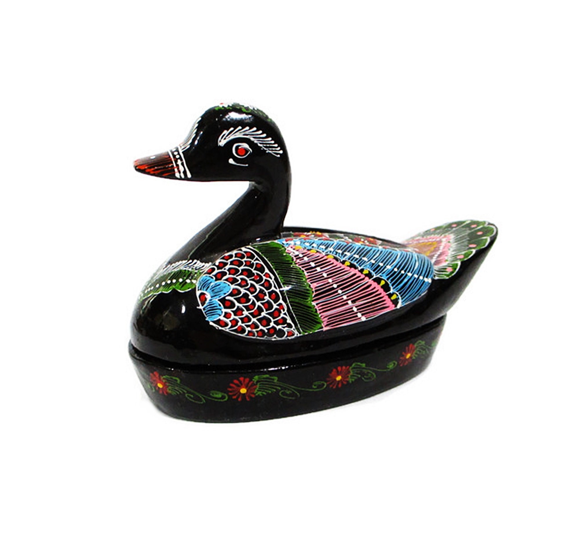 Vintage Black Swan Trinket Box Hand Painted Ornate Lacquered Paper