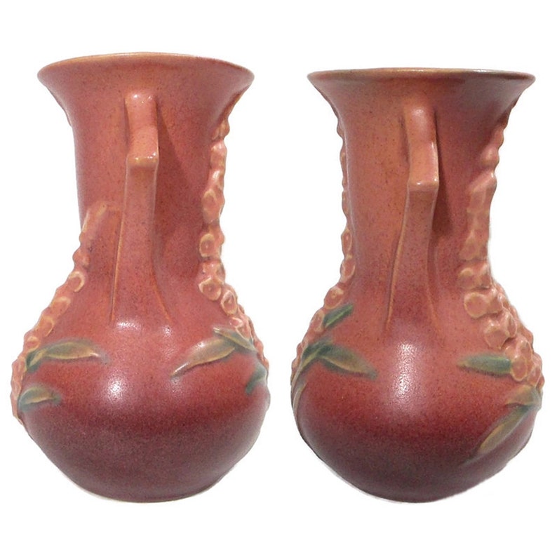 1940s Vintage Roseville Pottery PINK FOXGLOVE Double Handled VASE 43-6 Art Deco Style Home Decor Floral Fine Art Cottagecore Free Shipping image 5