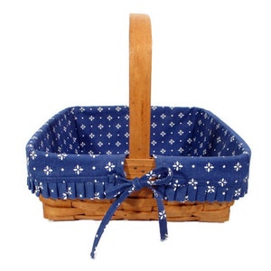 1995 Vintage Longaberger Basket Blue Fabric Liner Plastic Protector Square 12 x 12 Fixed Handle Farmhouse Cottage Home Decor Free Shipping image 3