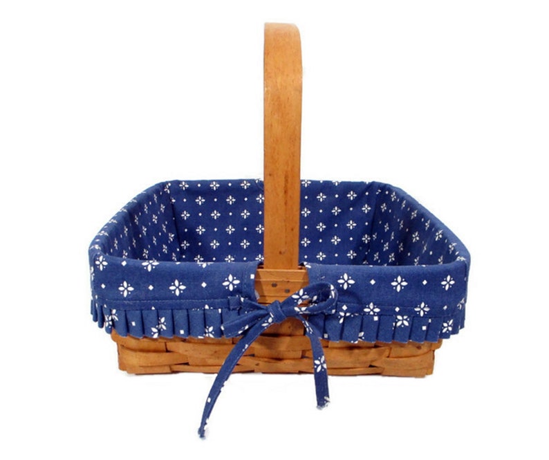 1995 Vintage Longaberger Basket Blue Fabric Liner Plastic Protector Square 12 x 12 Fixed Handle Farmhouse Cottage Home Decor Free Shipping image 3