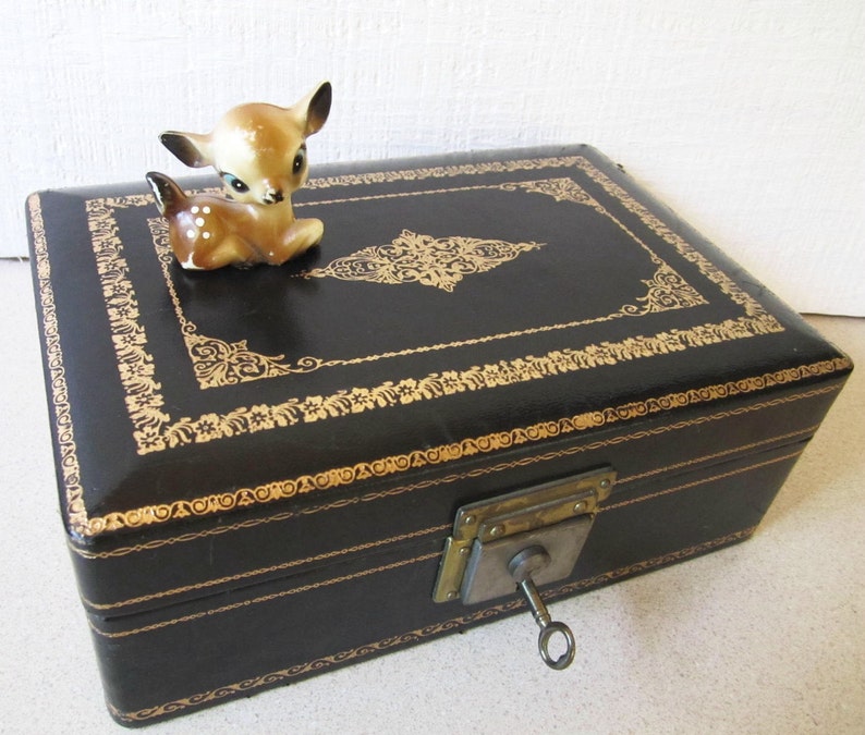 Vintage Jewelry Box Blue Velvet Key Lock Mid Century Home