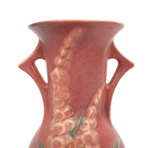 1940s Vintage Roseville Pottery PINK FOXGLOVE Double Handled VASE 43-6 Art Deco Style Home Decor Floral Fine Art Cottagecore Free Shipping image 3