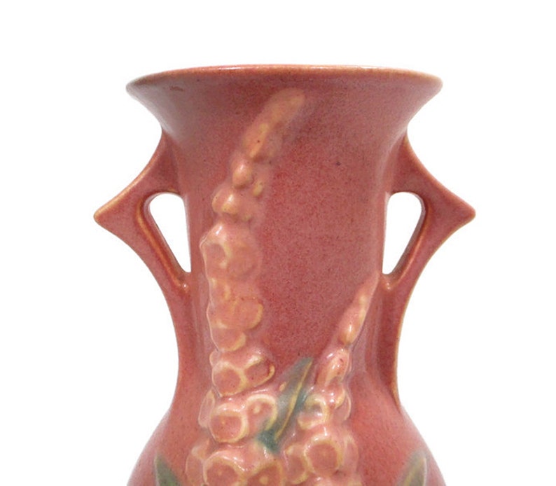 1940s Vintage Roseville Pottery PINK FOXGLOVE Double Handled VASE 43-6 Art Deco Style Home Decor Floral Fine Art Cottagecore Free Shipping image 3