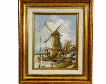 Vintage Moody Dutch Watermill Impressionist Landscape Framed European Collected Cottage Art