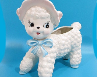 Vintage LAMB SHEEP PLANTER Bonnet Pink Floral Hat Blue Bow Hooves Boy Girl Pottery Nursery Animal Decor Hand Painted Japan Free Shipping