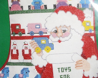 Counted Cross Stitch Christmas Stocking Kit Santas Toy Shop Personalize Name 11 x 17 14 Count Aida Red Cording Holiday Craft Free Shipping