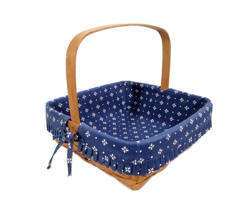 1995 Vintage Longaberger Basket Blue Fabric Liner Plastic Protector Square 12 x 12 Fixed Handle Farmhouse Cottage Home Decor Free Shipping image 9