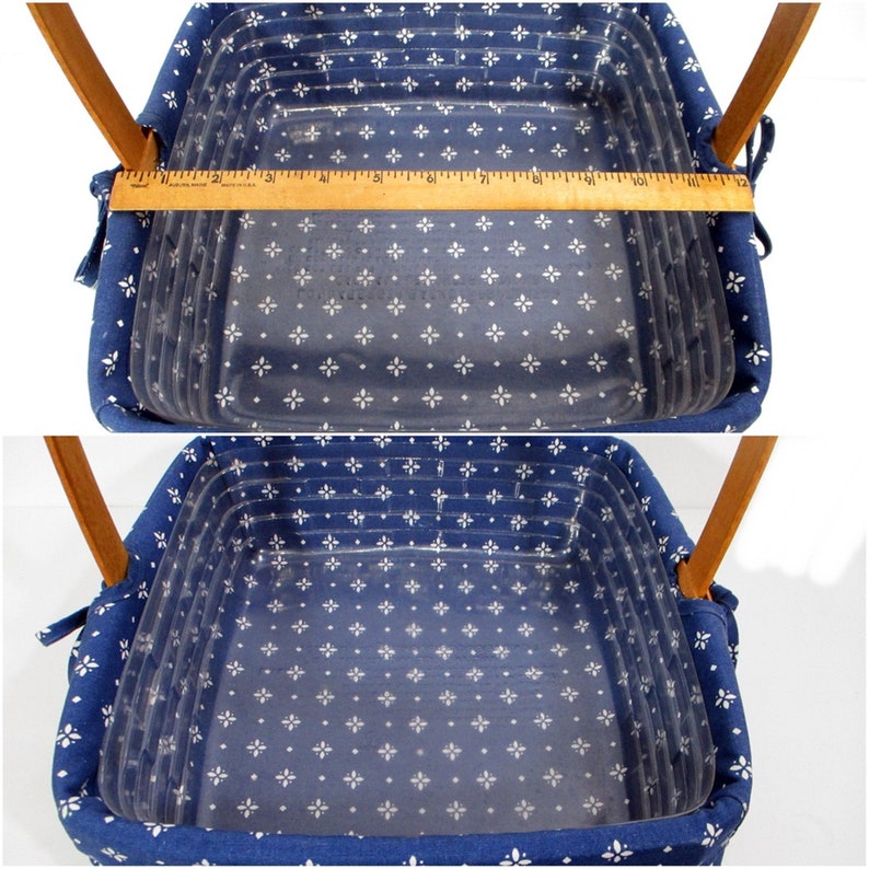1995 Vintage Longaberger Basket Blue Fabric Liner Plastic Protector Square 12 x 12 Fixed Handle Farmhouse Cottage Home Decor Free Shipping image 8