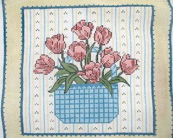 Cross Stitch Canvas Pink Tulips Blue Basket Cottagecore Farmhouse Country Home Decor 12 x 12 Needleworks Of Cape Cod Free Shipping