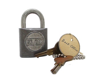 Vintage ELGIN Padlock 2 Original Keys Working Condition Mid Century Metal Hardware Lock Embossed Lettering Free Shipping