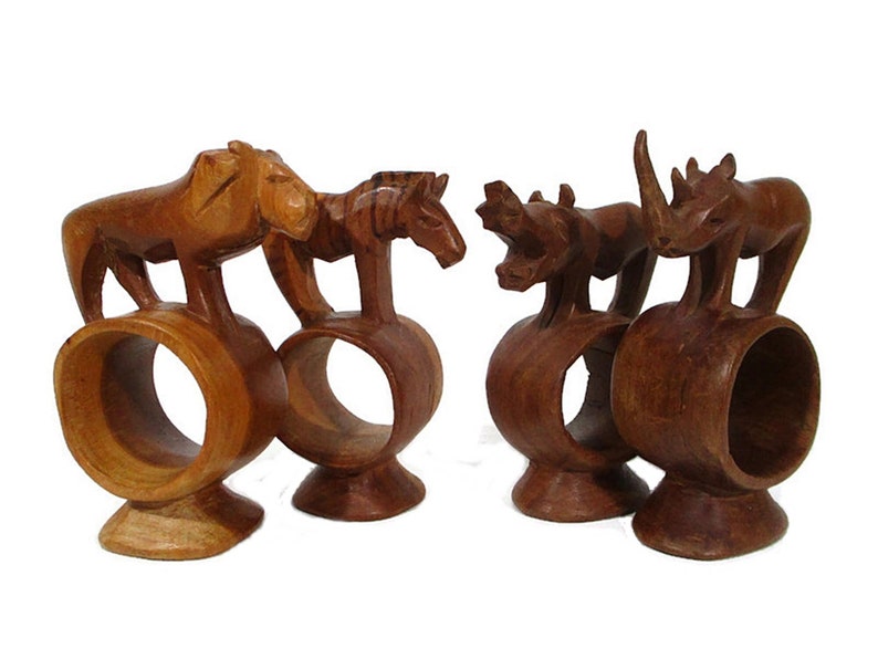 Vintage Wooden Jungle Animal Hand Carved Napkin Rings Set Of 4 Warthog Zebra Rhino Lion Wild Animal Dining Tableware Accessory Free Shipping image 1