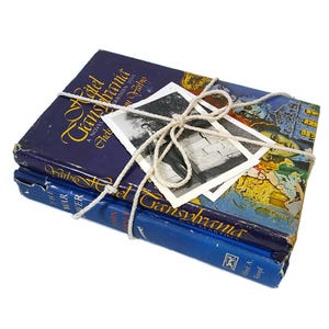 May include: Two vintage books tied together with twine. The top book is dark blue with gold lettering that reads "Hotel Transylvania". A black and white photograph is tucked under the twine. The bottom book is blue with the title "The War Lover".