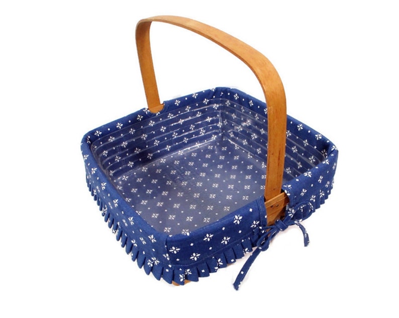1995 Vintage Longaberger Basket Blue Fabric Liner Plastic Protector Square 12 x 12 Fixed Handle Farmhouse Cottage Home Decor Free Shipping image 2