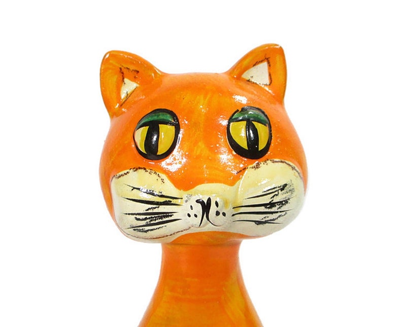 1970's Vintage CAT BANK Mod Neon Bright Orange Plaster Ware Ceramic Retro Coin Groovy Kitty Hand Painted Kitsch w/Stopper Free Shipping image 1