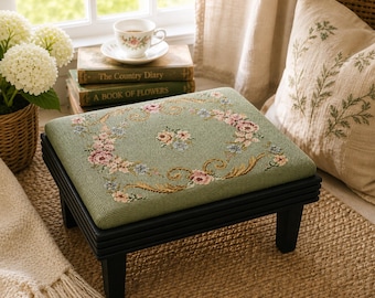 Vintage Wooden Footstool Needlepoint Floral Top Cottagecore Embroidered Ottoman Cozy Farmhouse Decor