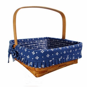 1995 Vintage Longaberger Basket Blue Fabric Liner Plastic Protector Square 12 x 12 Fixed Handle Farmhouse Cottage Home Decor Free Shipping image 1