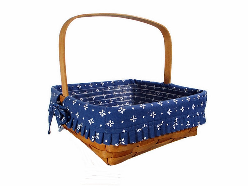 1995 Vintage Longaberger Basket Blue Fabric Liner Plastic Protector Square 12 x 12 Fixed Handle Farmhouse Cottage Home Decor Free Shipping image 1