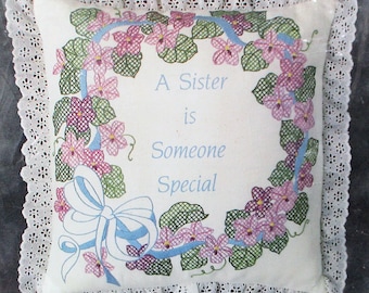 1984 Vintage Stamped Cross Stitch PILLOW KIT Sister Gift Someone Special Quik-Cross Eyelet Lace Floral Pattern NIP 14 x 14 Free Shipping