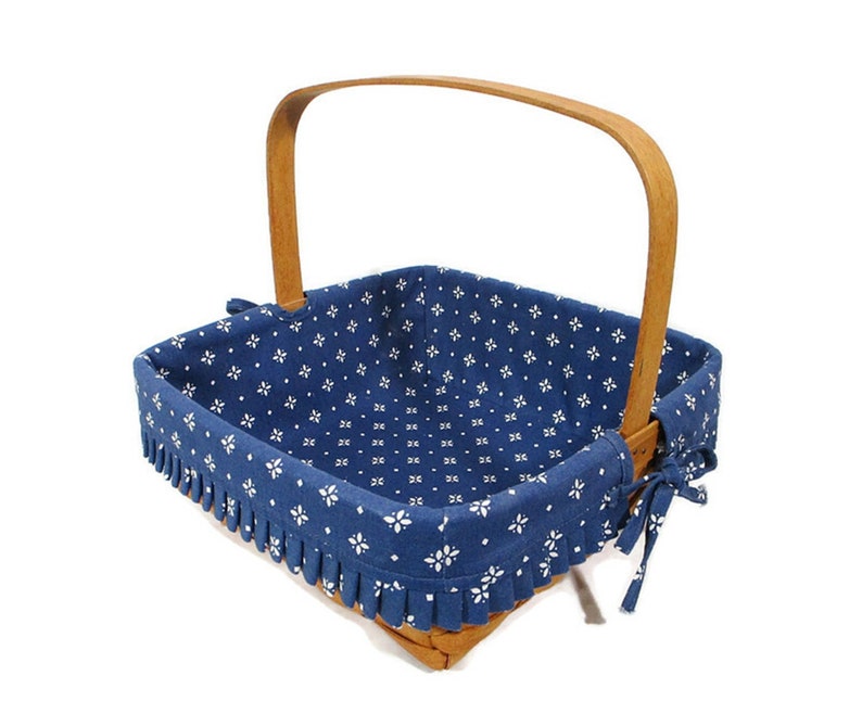 1995 Vintage Longaberger Basket Blue Fabric Liner Plastic Protector Square 12 x 12 Fixed Handle Farmhouse Cottage Home Decor Free Shipping image 10