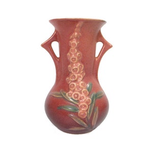 1940s Vintage Roseville Pottery PINK FOXGLOVE Double Handled VASE 43-6 Art Deco Style Home Decor Floral Fine Art Cottagecore Free Shipping image 2