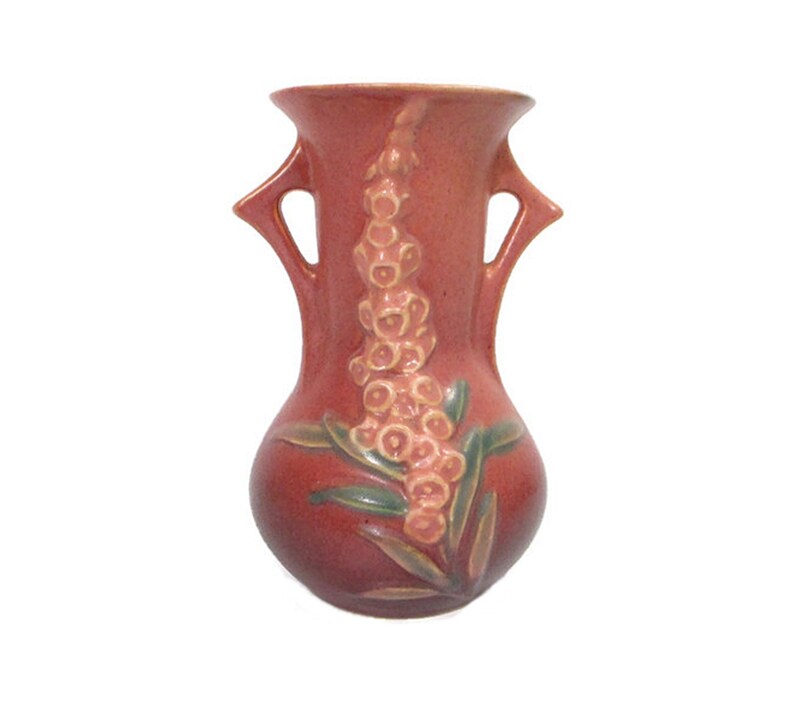 1940s Vintage Roseville Pottery PINK FOXGLOVE Double Handled VASE 43-6 Art Deco Style Home Decor Floral Fine Art Cottagecore Free Shipping image 2