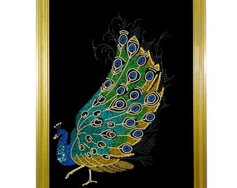 Vintage Peacock Mid Century Mod '60's Mosaic Pebble Gravel Beads Rhinestones Picture Black Velvet Wood Framed Wall Art 26 x 20 Free Shipping