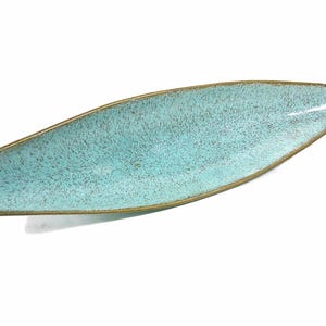 California Originals Atomic Style Console Bowl 20” Mid Century Modern Turquoise Gold Spatter Canoe Centerpiece Platter Art Pottery USA 1960s