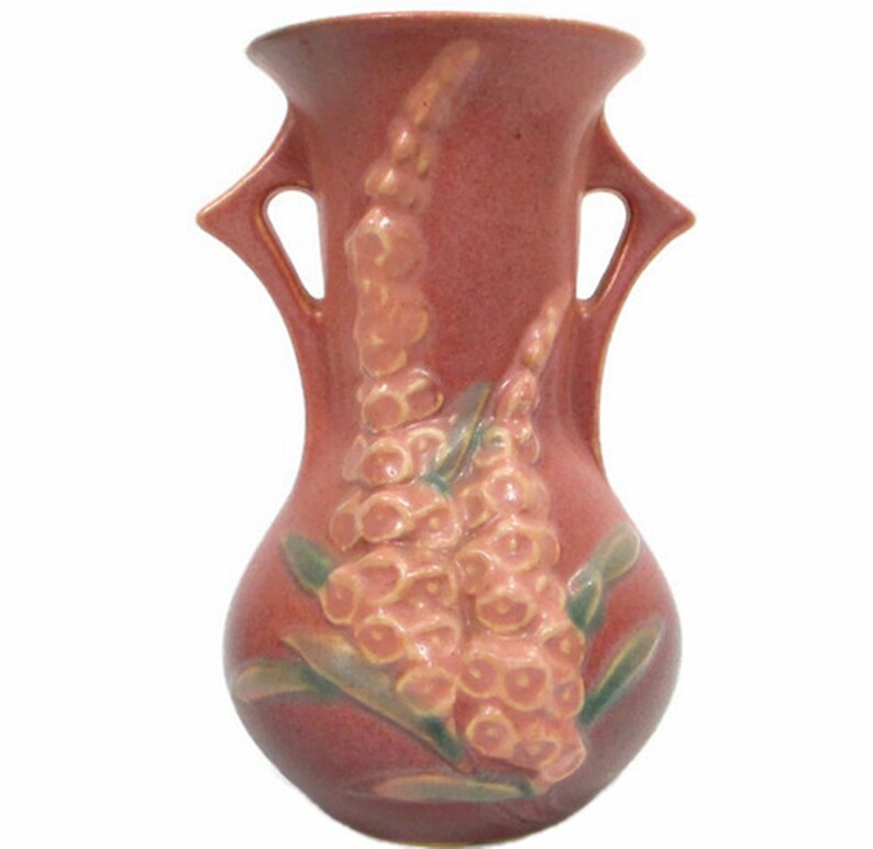 1940s Vintage Roseville Pottery PINK FOXGLOVE Double Handled VASE 43-6 Art Deco Style Home Decor Floral Fine Art Cottagecore Free Shipping image 10