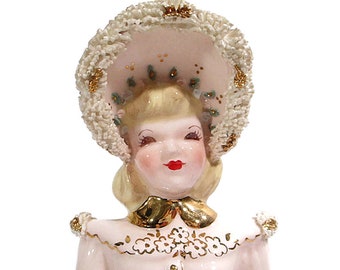 1950s Vintage Florence Ceramics Figurine Pink Lady Victorian Costume Muff Spaghetti Trim 22K Gold Accents Pasadena California Free Shipping