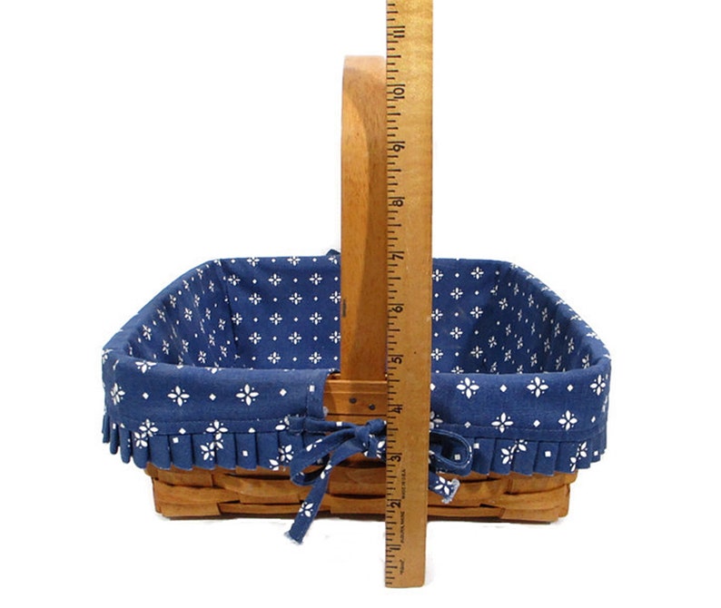 1995 Vintage Longaberger Basket Blue Fabric Liner Plastic Protector Square 12 x 12 Fixed Handle Farmhouse Cottage Home Decor Free Shipping image 4