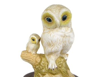 Vintage OWL OWLET Bisque Statue White Owl & Baby Figurine Wood Stand Wildlife Bird Lover Gift Farmhouse Country Home Decor Free Shipping