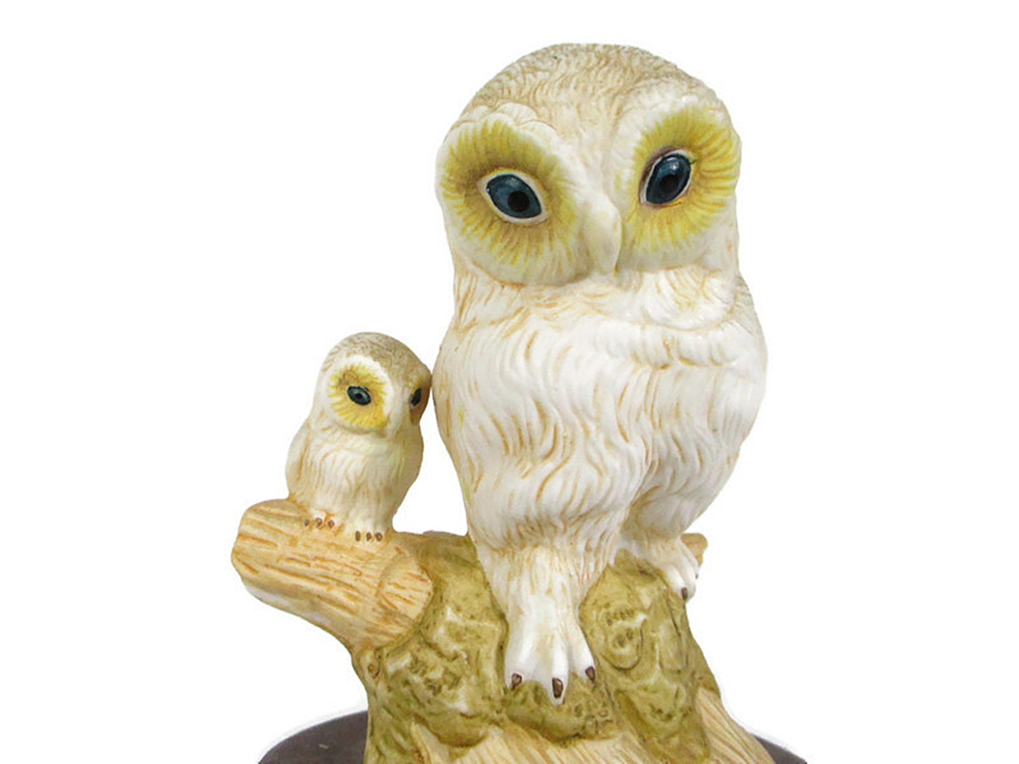 Vintage OWL OWLET Bisque Statue White Owl & Baby Figurine Wood Stand Wildlife Bird Lover Gift Fa