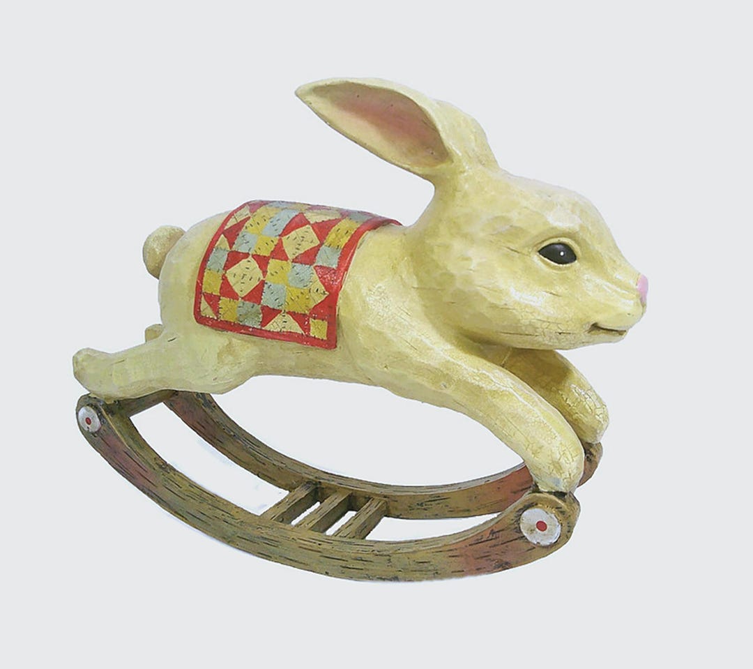 1990s Vintage Large Rocking Bunny Rabbit Resin Wood Carved Look Pink ...