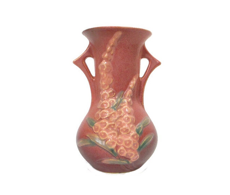 1940s Vintage Roseville Pottery PINK FOXGLOVE Double Handled VASE 43-6 Art Deco Style Home Decor Floral Fine Art Cottagecore Free Shipping image 1