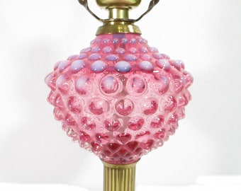 Vintage Pink Cranberry Glass 20" Table Lamp Marble Base Brass Finial Hobnail Globe Long Cord No Shade Mid Century Home Decor Free Shipping