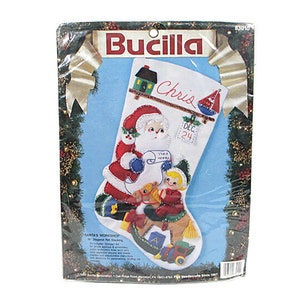 1993 Vintage Christmas Stocking Kit SANTAS WORKSHOP Bucilla 18&quot; Diagonal NIP Elf Toys Personalize Holiday Craft Applique Felt Free Shipping