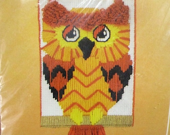 Vintage Vogart, OWL Mini Accent, Needlepoint Kit, Plastic Canvas, Wood Dowel Yarn, 5 x 10, Retro Bird, Boho Banner Style Craft Free Shipping