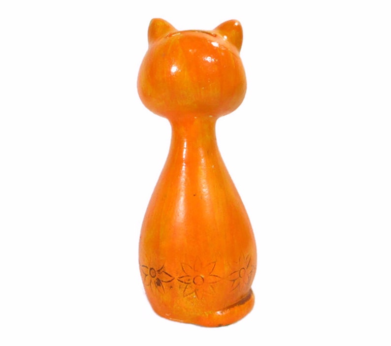 1970's Vintage CAT BANK Mod Neon Bright Orange Plaster Ware Ceramic Retro Coin Groovy Kitty Hand Painted Kitsch w/Stopper Free Shipping image 6