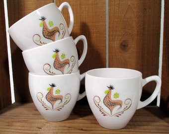 1950s Vintage Sears CATALINA ROOSTER Harmony House Melmac Cups Set of 4 Coffee Tea Mid Century Mod Kitschy Kitchen Farmhouse Free Shipping