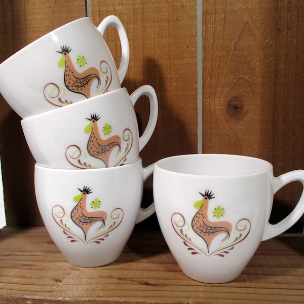 1950s Vintage Sears CATALINA ROOSTER Harmony House Melmac Cups Set of 4 Coffee Tea Mid Century Mod Kitschy Kitchen Farmhouse Free Shipping