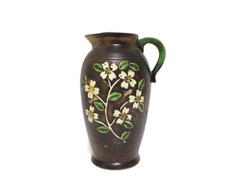 Vintage Floral Ceramic Vase Pitcher, Brown Dogwood Flower Decor