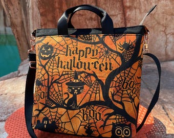 Happy Halloween Spooky Cat Bat Ghost Pumpkin Crossbody Bag / Tote Bag / Vintage Cotton