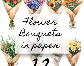 Watercolor Wrapped Flower Bouquet Clipart | 12 Rustic Paper & Newspaper Bouquets PNG | Cottagecore Sticker, Junk Journal, Scrapbook Art
